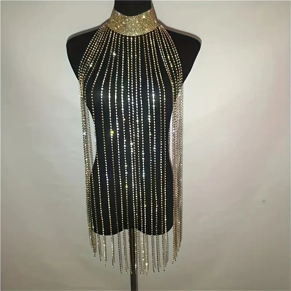Women's Luxury Sparkling Chest Chain Rhinestone Crystal Long Tassel Bra Chain Sexy Hollow Chest Chain Top Sexy Dress Chain