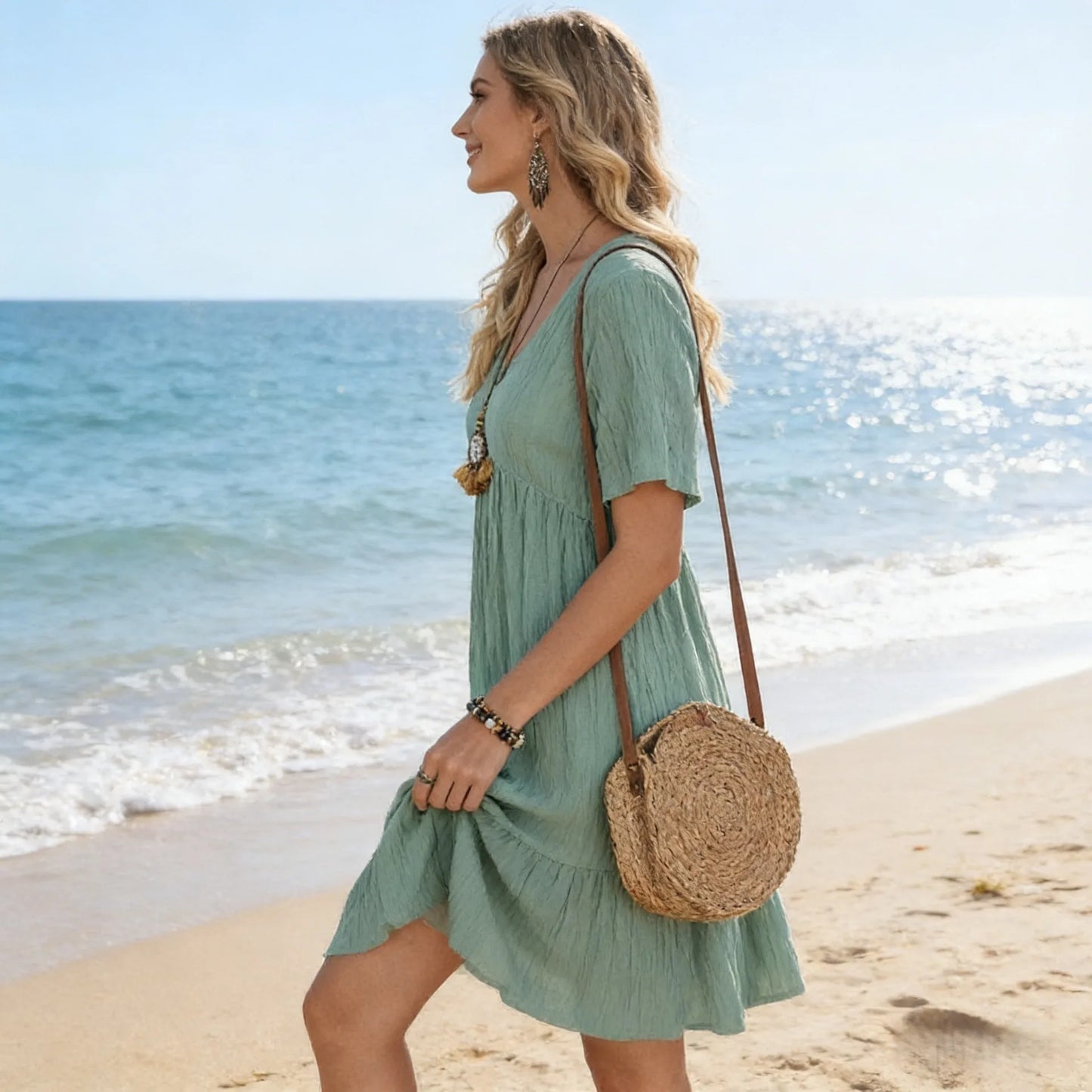 Solid Color Casual Summer Dresses for Women 2026 Elegant V Neck Short Sleeve Beach Dresses Woman Comfortable Loose A-line Dress