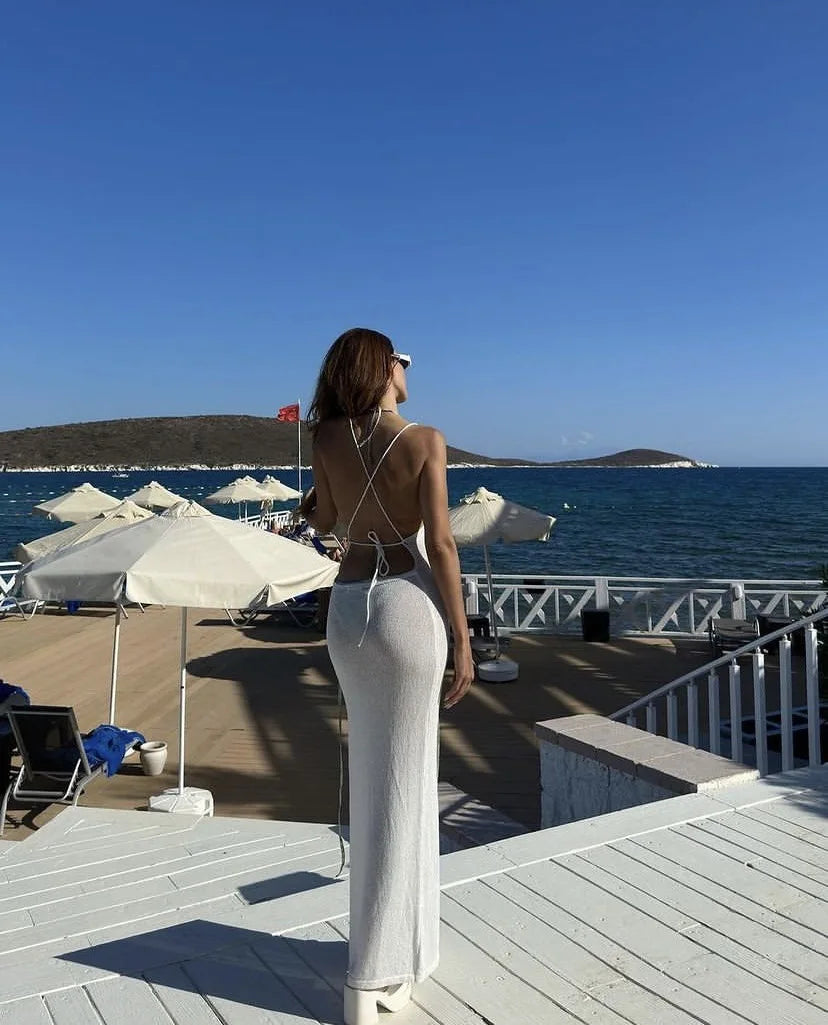 Para Praia Knitted Cover Up Beach Dress Sexy See Through Slit Bodycon Summer Dress Bikinis Cover-ups  Elegant Halter Beachdress