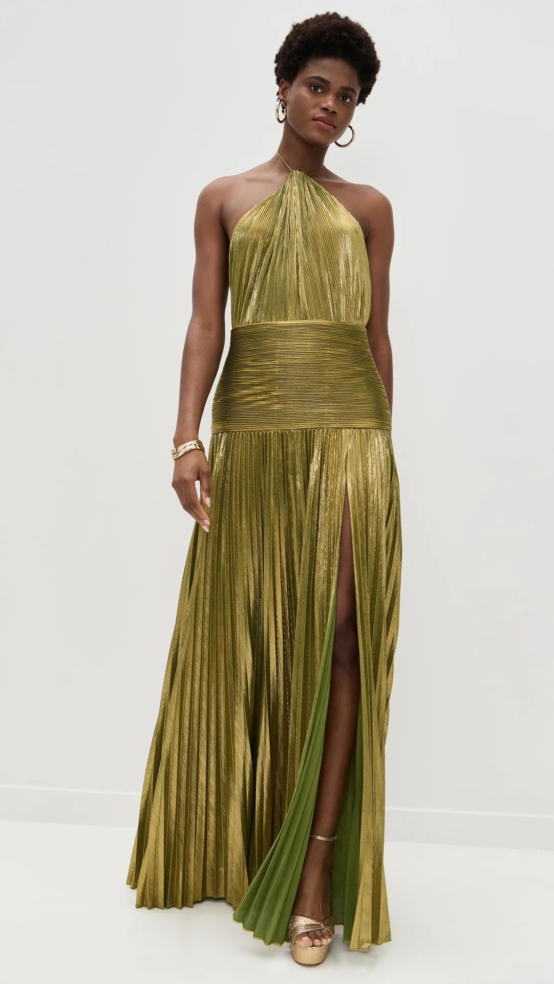 Gold Halter Neck Evening Dress Woman Chic Solid Color Pleated Backless Package Hip Slit Dress Fashion Trendy Lady Party Vestidos