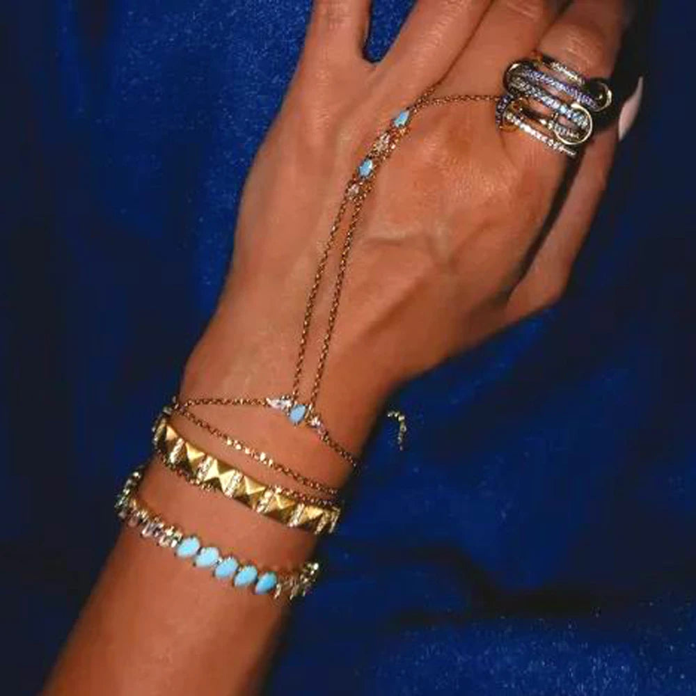 2025 New High Quality Geometric Bezel Setted Blue Turquoises Stone Summer Hot Fashion Jewelry Women Hand Chain Bracelet