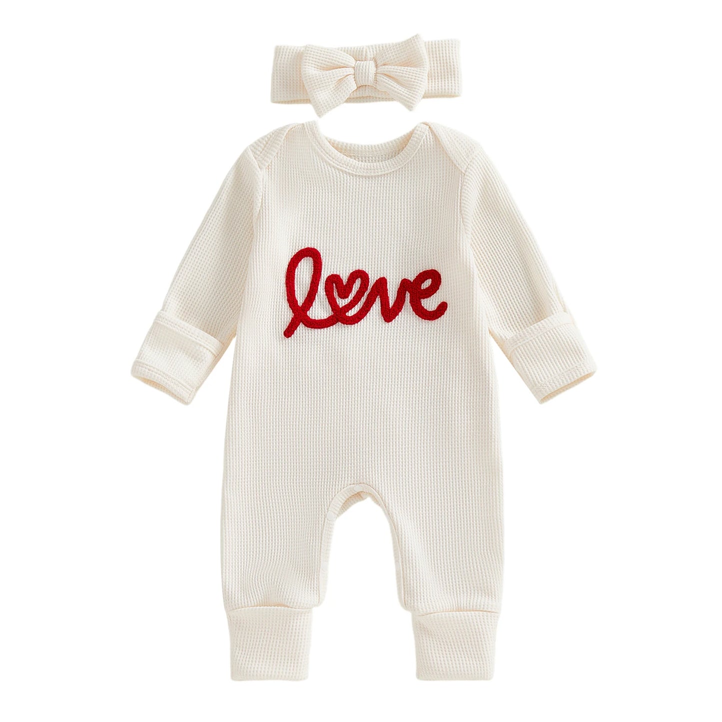 Spring Valentine's Day Infant Baby Girls Bodysuit Waffled Letter Embroidery Long Sleeve Jumpsuit Bow Headband Clothes