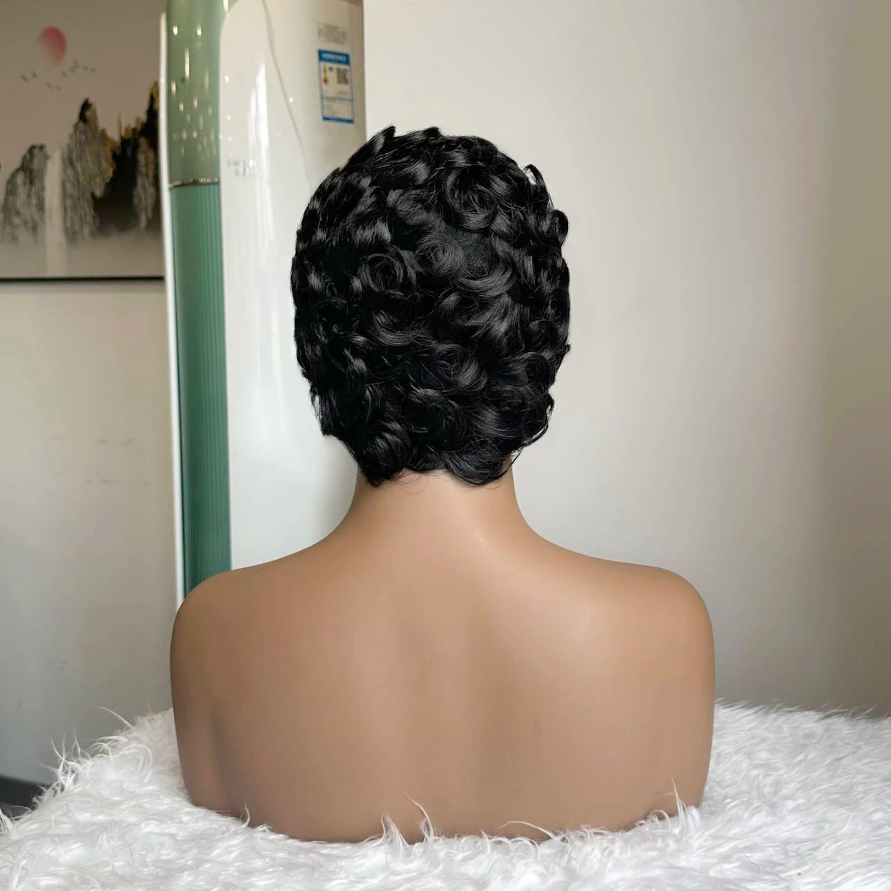 Short Layered Pixie Curly Wigs Human Hair Chic Pixie Cut Human Hair Wig With Bangs Black Color Full Machine Made For Women