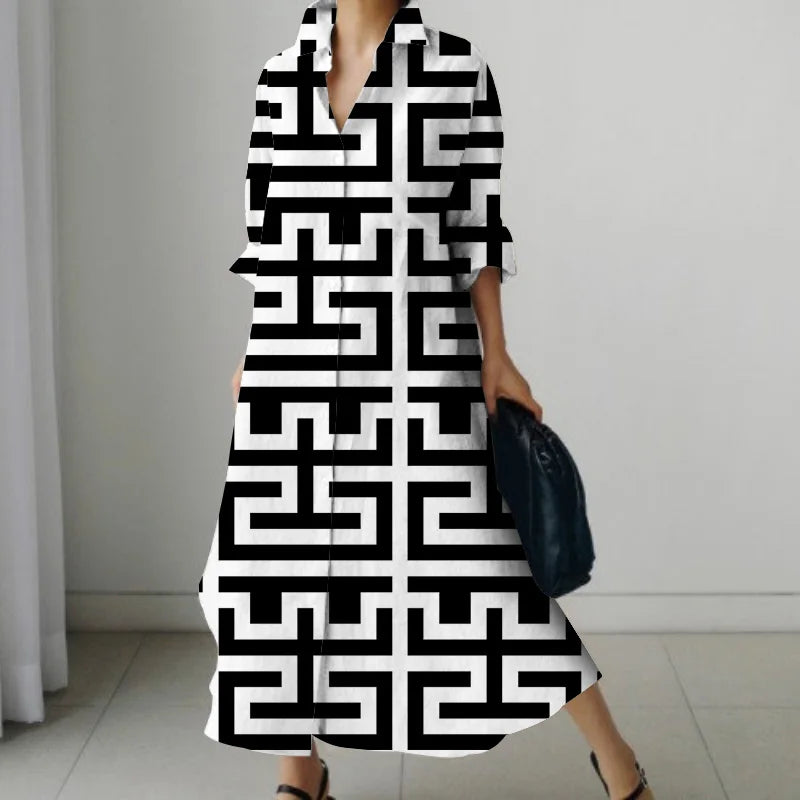 Women's Shirt Dress 2023 Trendy Patchwork Vintage Spot Print Shirt Fall Out Office Dress Loose Casual Lapel Pocket S-5Xl