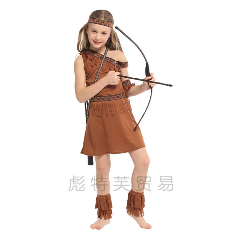 Halloween Kids Indian Cosplay Performance Costumes Primitive Activity Costumes Dress +Headdress+Waistband+Armband+Shoe covers