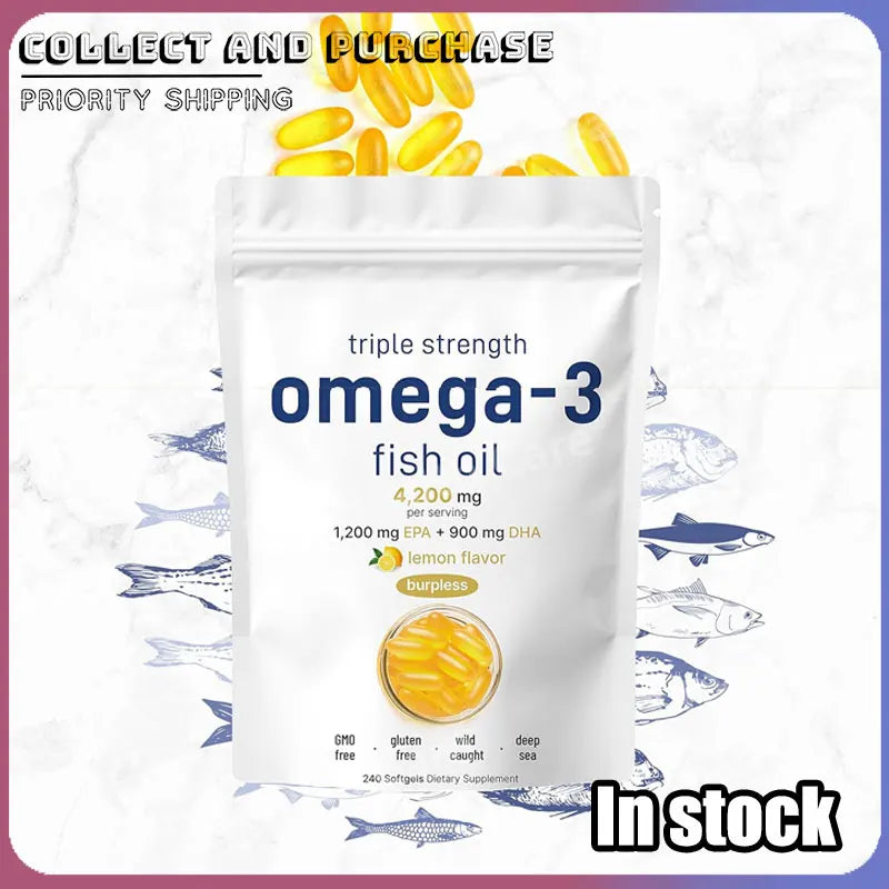 Triple Strength Omega 3 Fish Oil Supplements 4200mg Lemon Flavored, Burpless, EPA 1200mg DHA 900mg 240 Softgels