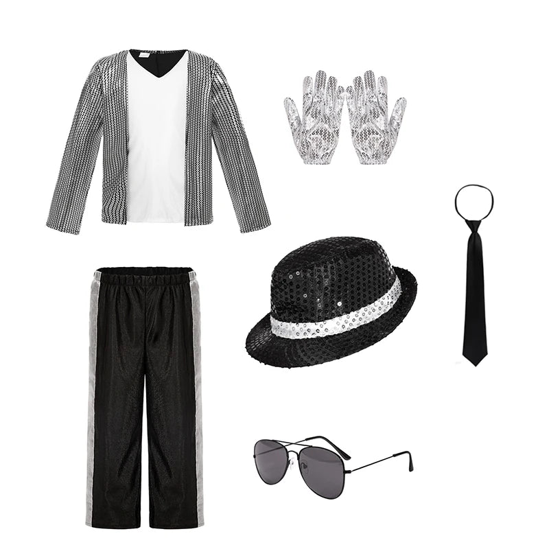 Kids Boys Michael Jackson Cosplay Costume With Accessories King Of Pop 80s Outfit Halloween Carnival Dance Fancy Dress Up