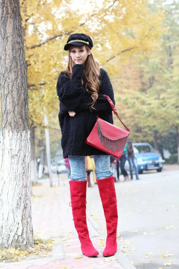 Sexy Womens Boots Faux Suede Over The Knee Flat Warm Boots Comfortable Thigh High Boots Lace-up Woman Winter Shoes High Quality