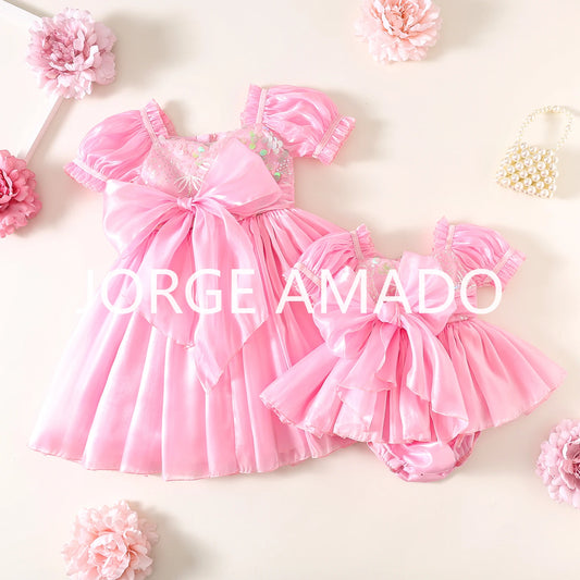 New Summer Sister Girl Matching Romper Dress Short Sling Sleeves Big Bow Bodysuit Sequined Princess Dresses Twins Clothing H1518