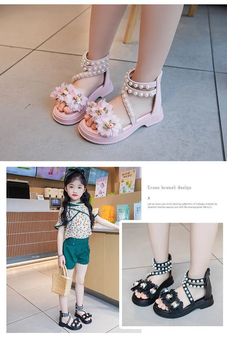Girls Summer Sandals Soft Bottom Toe-Open Cute Princess Shoes Middle Large Children Little Girls Student Beach Shoes