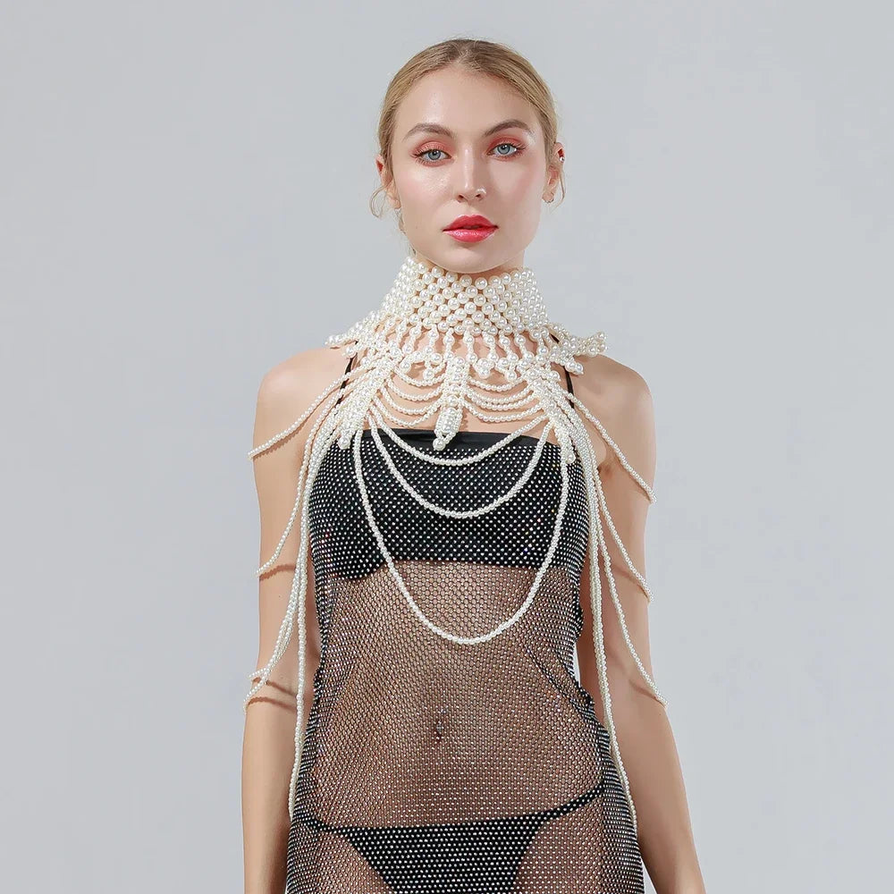 Sexy Pearl Body Chain For Women Necklaces Shawl Female Punk Style Beaded Collar Shoulder Sweater  Long Chain Bridal Body Jewelry