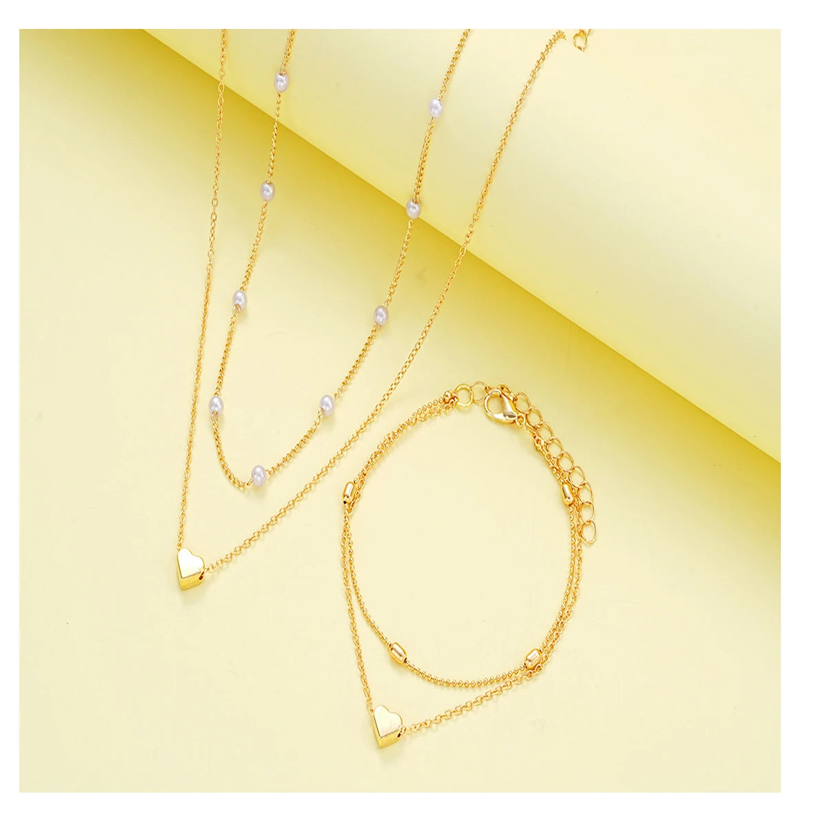Fashion Imitation Pearl Heart Jewelry Set For Women Gold Silver Color Round Beads Necklace Bracelet Set Daily Wear Accessories