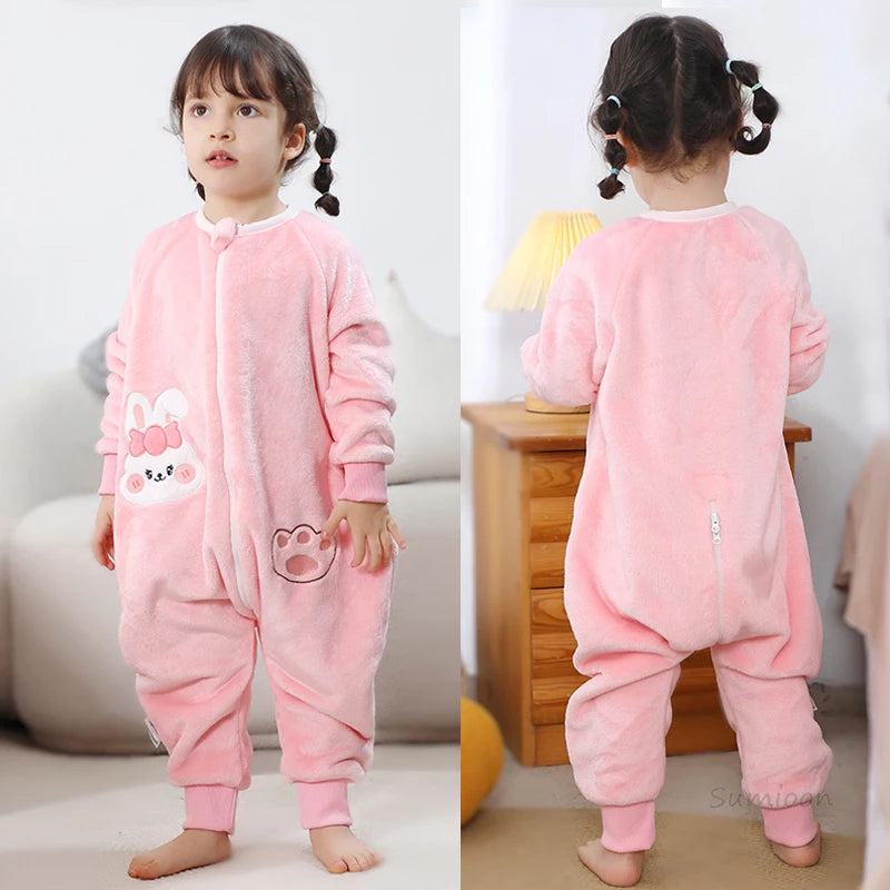 Kawaii Girls Pajamas Winter Purple Rabbit Onesie Hooded Plush Kigurumi Jumpsuit Blanket Sleeper Warm Overall Kids Nightwear Pjs