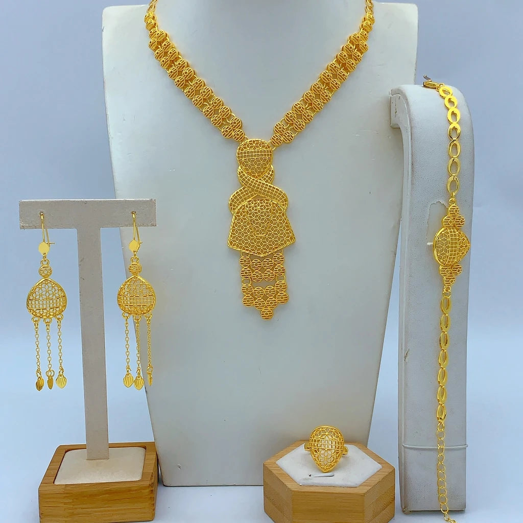 Ethiopian 24K Gold Color Jewelry Set For Women Bridal Nigerian Dubai Big Necklace Bracelet Earring Ring Sets Party Gift