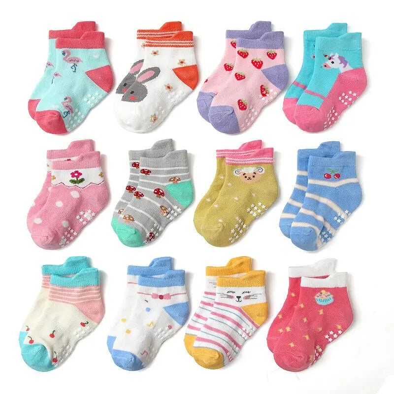 12 Pairs/Lot Cotton Baby 's Floor Socks Boys Girls Non-slip Boat Low Cut Sock with Rubber Grips 1-5Years