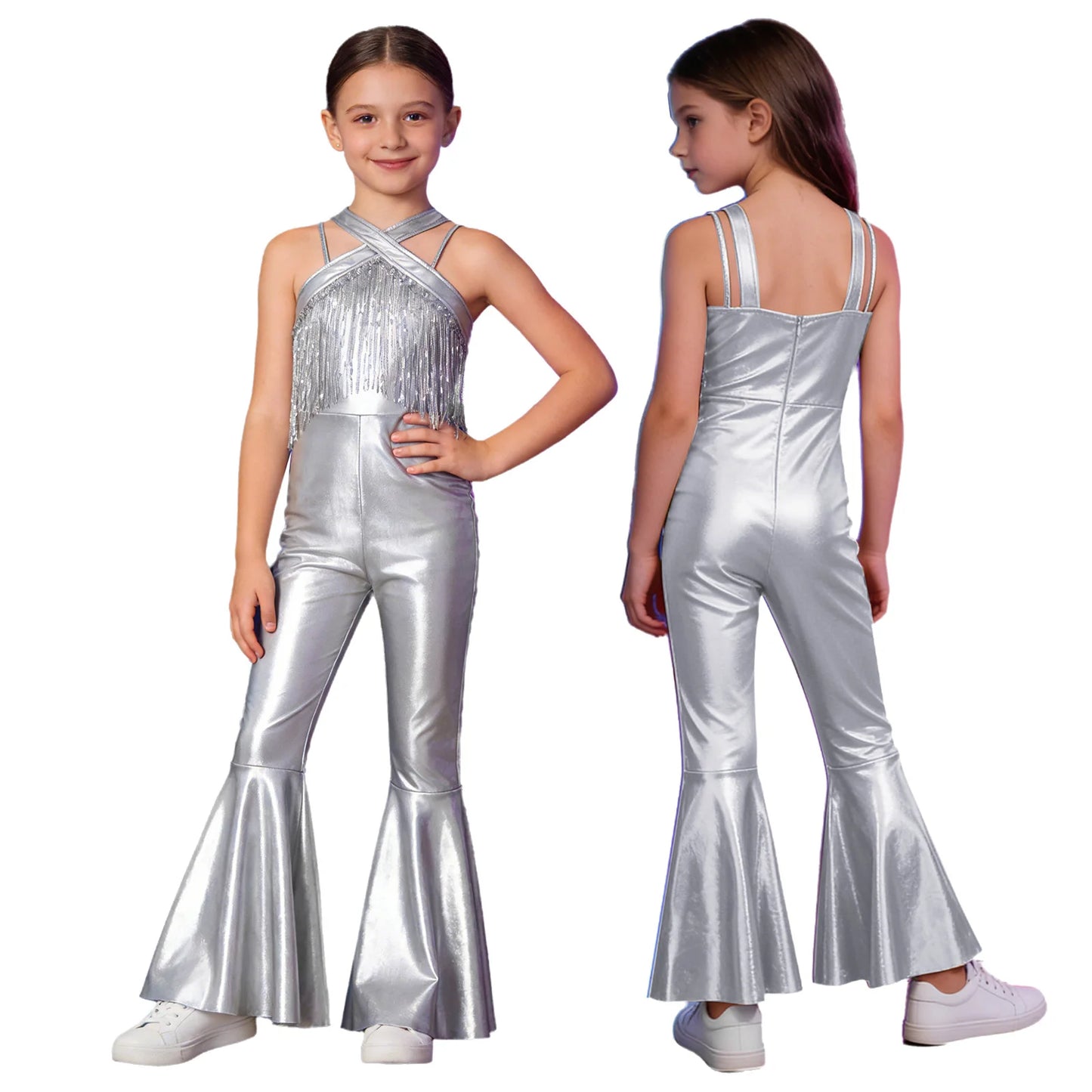 Kids Girls Hippie Halloween Costume Tassels Unitard Bell-bottom Long Pants Bodysuit Jumpsuit Disco Dance 60s 70s Rave Party Wear
