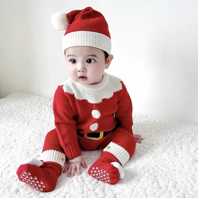 Infant Christmas Outfits Baby Romper Clothes Winter Red Santa Claus Knitted Newborn Infant Boy Girl Christmas Gift Jumpsuits+Hat