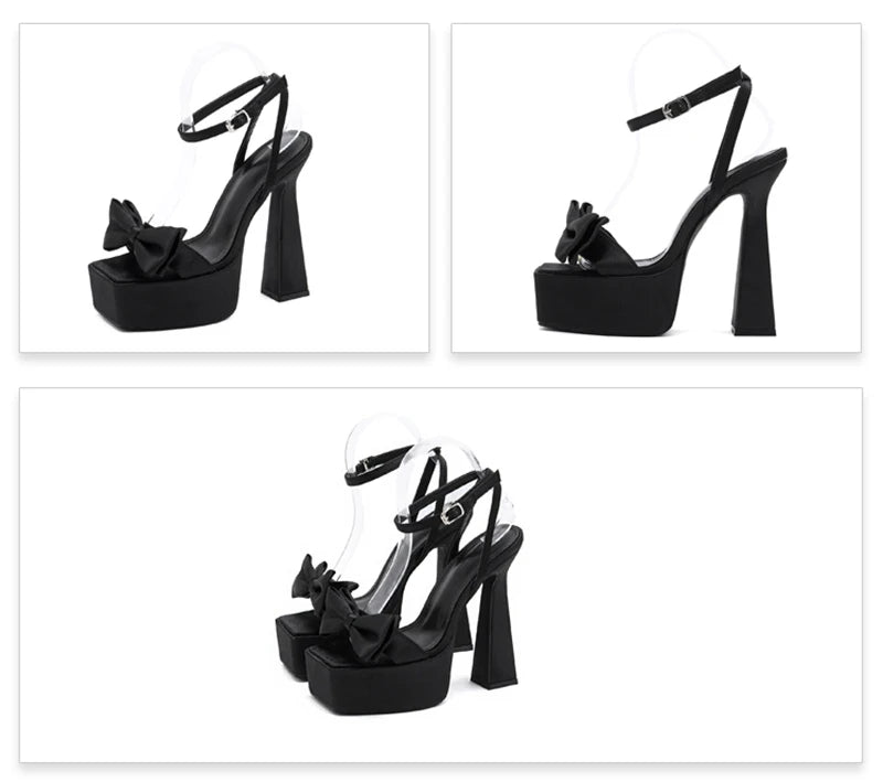 Liyke Runway Style Ultra High Heels Platform Sandals Women 2026 Summer Fashion Satin Bowknot Square Toe Wedding Banquet Shoes