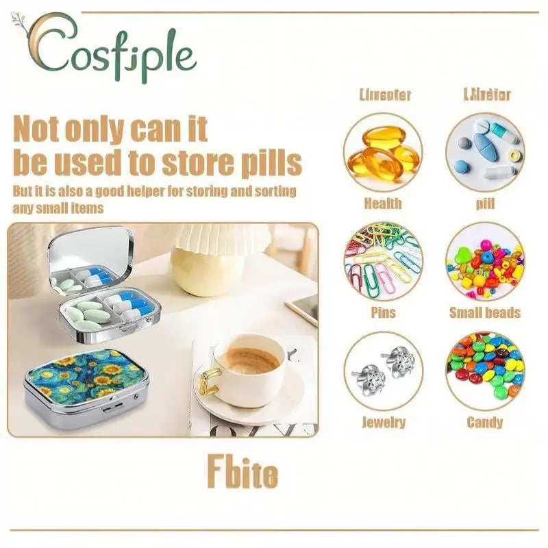 【WA】LUCKY TUNA Sardines Print Metal Pill Box, Portable 2-Compartment Travel Pill Organizer For Vitamins & Pills