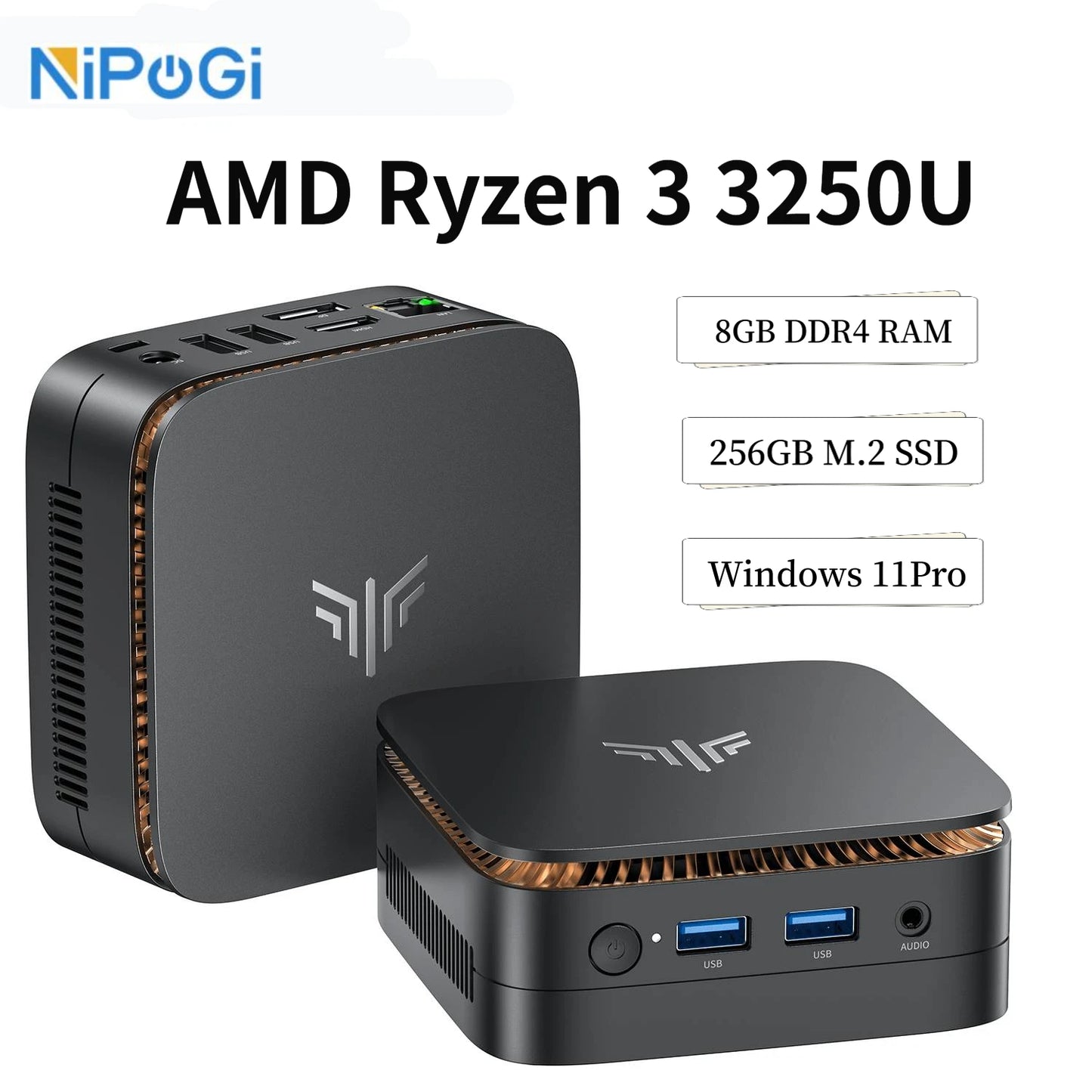 NIPOGI Mini PC AMD Ryzen 3 3250U Desktop Mini Computers 8GB RAM 256GB M.2 SSD WiFi 5, BT 4.2,DUAL 4K Display Windows 11 Pro