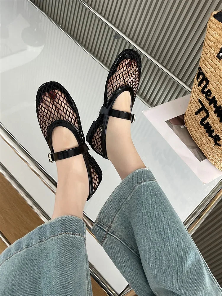 Aneikeh BIG Size 35-43 Jelly Color Fishing Ballet Dance Women's Mesh Buckle Flat Hollow Out Retro Mary Jane Shoes