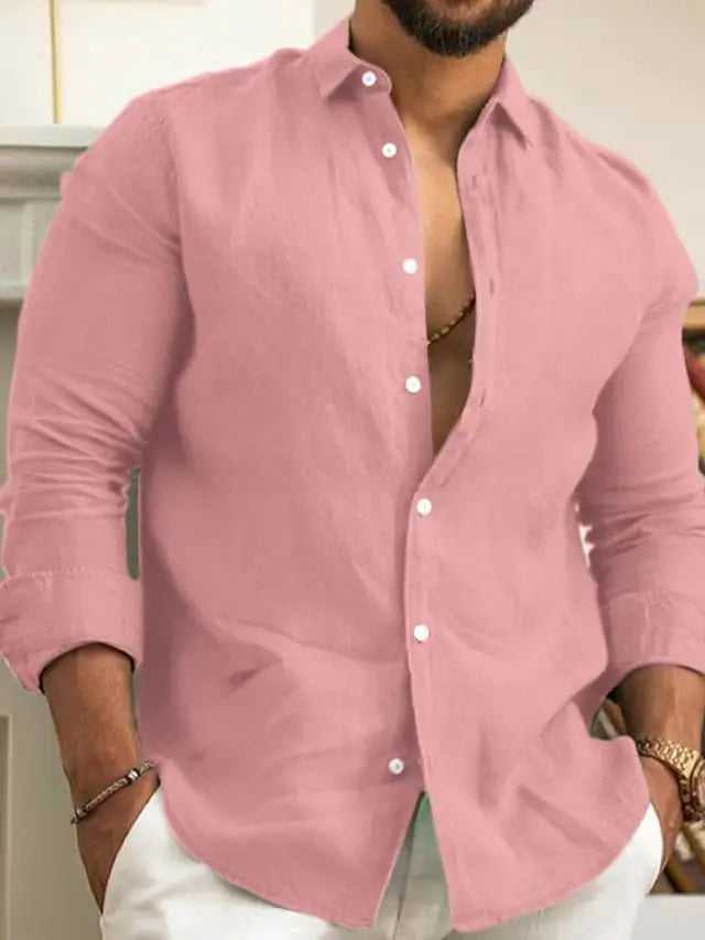 Cotton Linen Shirt for Men Summer Solid Color Lapel Lightweight Breathable Tops Men's Loose Casual Long Sleeve Beach Shirt