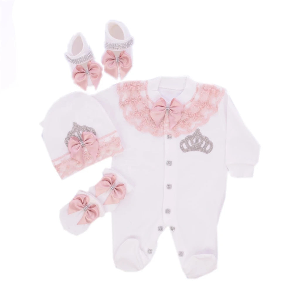 Dollbling Butterfly Jewelry Crown Gift Clothing Sets Welcome Home Lace Baby Rompers Mittens Bonnet Pajamas Outfit 4pcs Layette