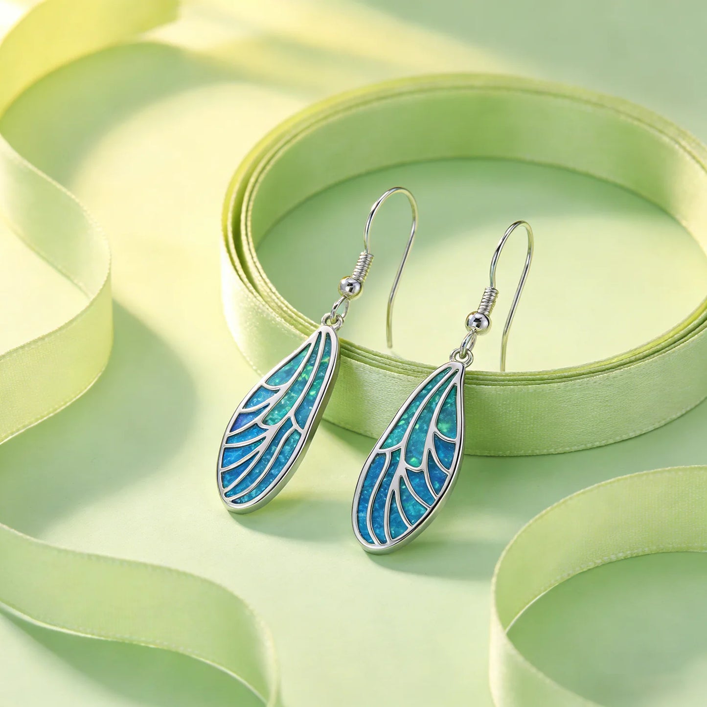 Boho Minimalist Wing Earrings,Blue Green Opal Dangle Earrings,Hypoallergenic Lightweight Elegant Everyday Jewelry Gift for Women