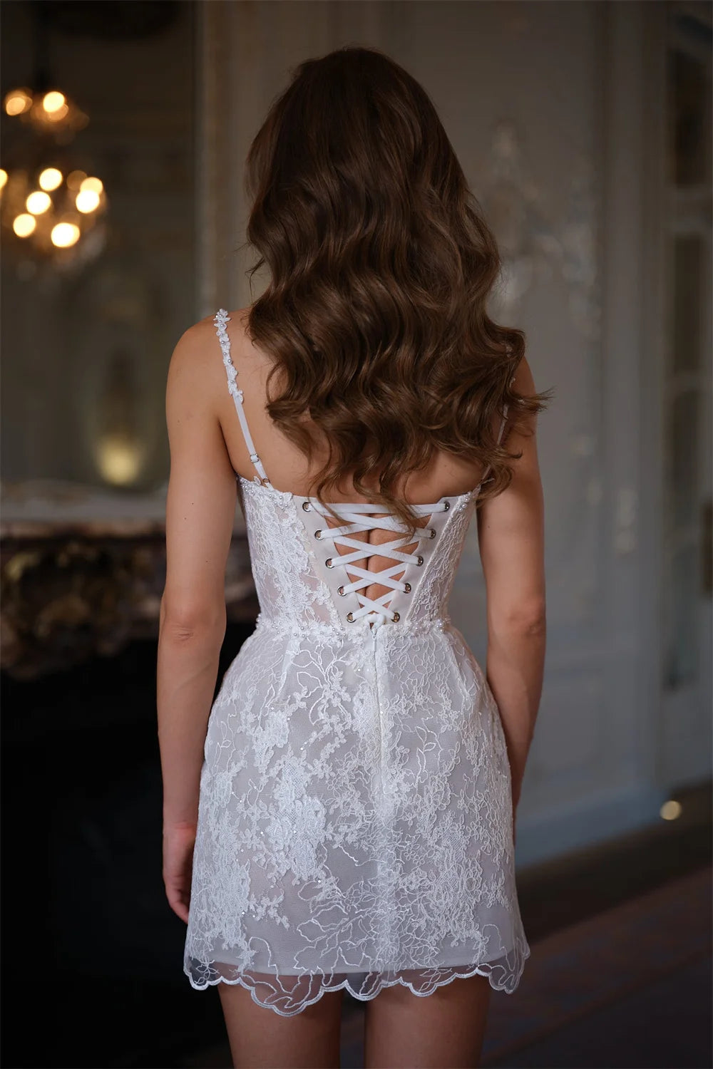 Cathy Customized Sheath Mini Lace Embroidery Wedding Dresses Spaghetti Strap vestidos de noiva Lace-Up Beading Formal Evening