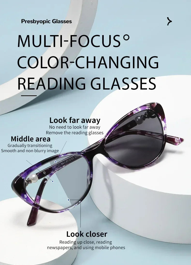 Cat Eye Finished Progressive Multifocal Reading Glasses Unisex Women Men Outdoor Color Changing Bifocal Eyewear Diopter To +4.0
