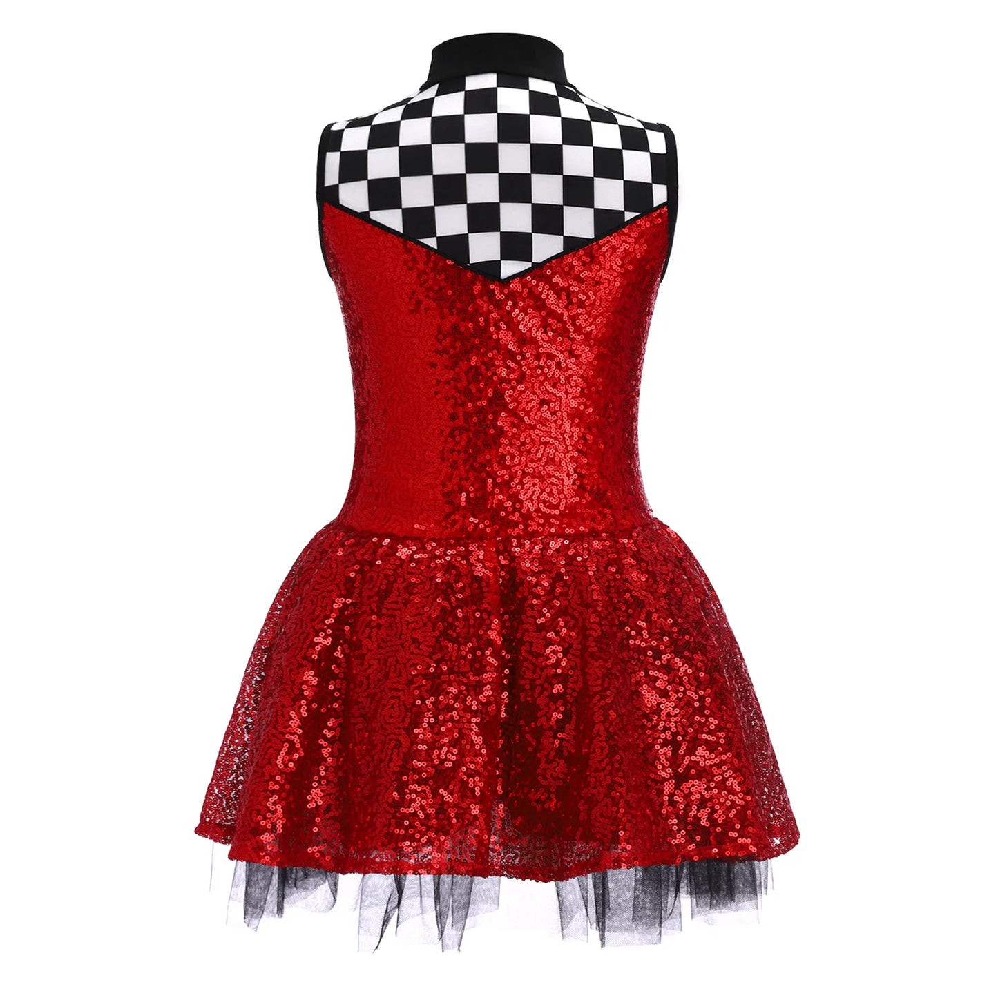 Kids Girls Checkerboard Racer Costume Halloween Car Driver Cosplay Leotard Dress with Tulle Skirt Themed Party Driving Roleplay