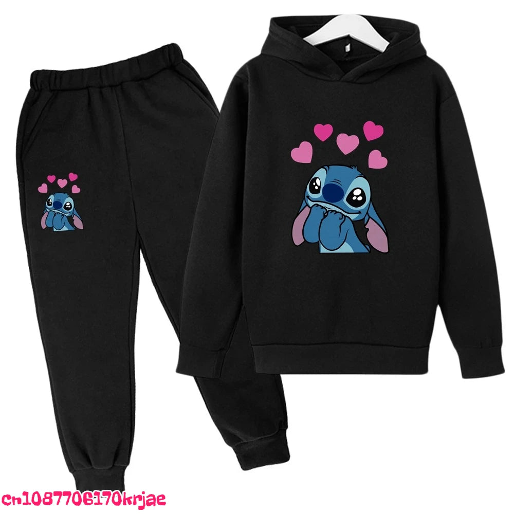 2025 Stitch Children's Hoodie Clothing Leisure Outerwear Black Sweatshirt +pants Set Suitable 3-12 Years Boys Girls Gift Spring