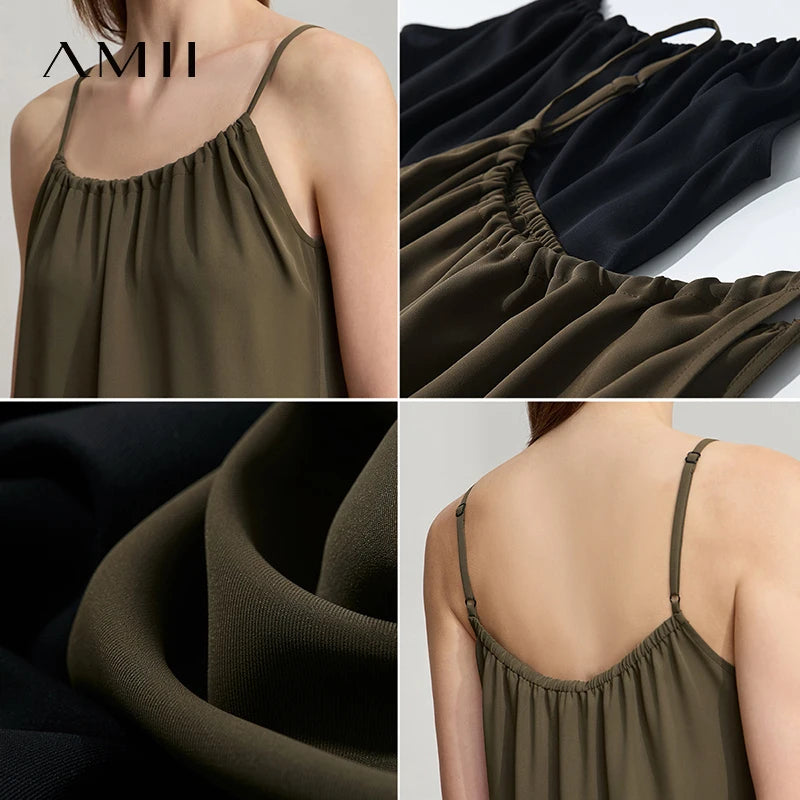AMII Minimalist Office Lady Dress Women 2025 Summer Female Sleeveless U-neck Solid Adjustable Shoulder Strap Dresses 12542192