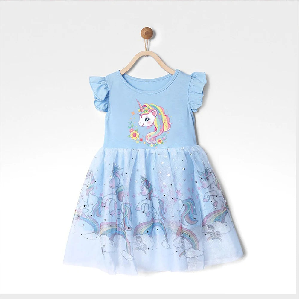 2025 New Princess Dress Unicorn Summer Kids Clothes Birthday Dress Party Short Sleeve Children Rainbow Cute Fashion Dresses