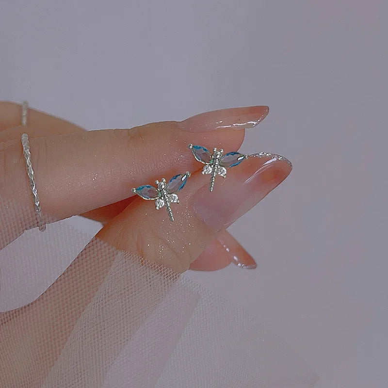 925 Sterling Silver Crystal Dragonfly Stud Earrings For Woman Christmas Gifts Piercing Jewelry Aretes De Mujer Party Gifts