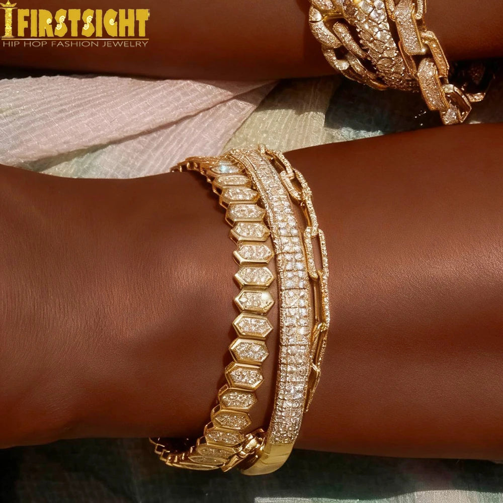 New Iced Out Bling CZ Geometric Stretchy Stretch Double Tennis Chain Bracelet Adjusted Size Bangle For Women Fashion Jewelry