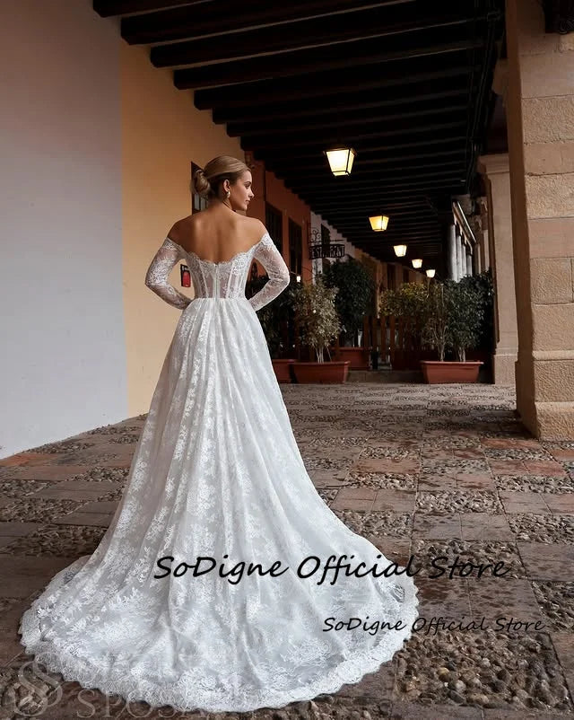 SoDigne A-line Lace Wedding Dresses ﻿Off Shoulder Full Sleeves Bridal Dress Beach Long Wedding Gown Robe De Mairee ﻿Customized