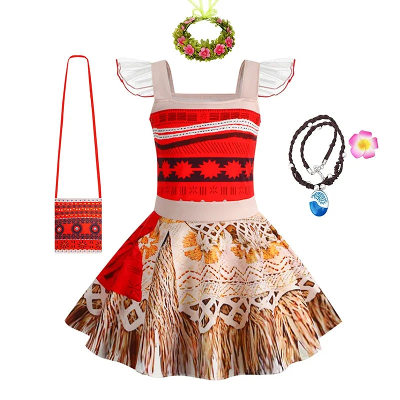 Children Cosplay Dresses Girls Moana Princess Dress for Kid Halloween Maui Vaiana Costume Children Birthday Party Clothes Set