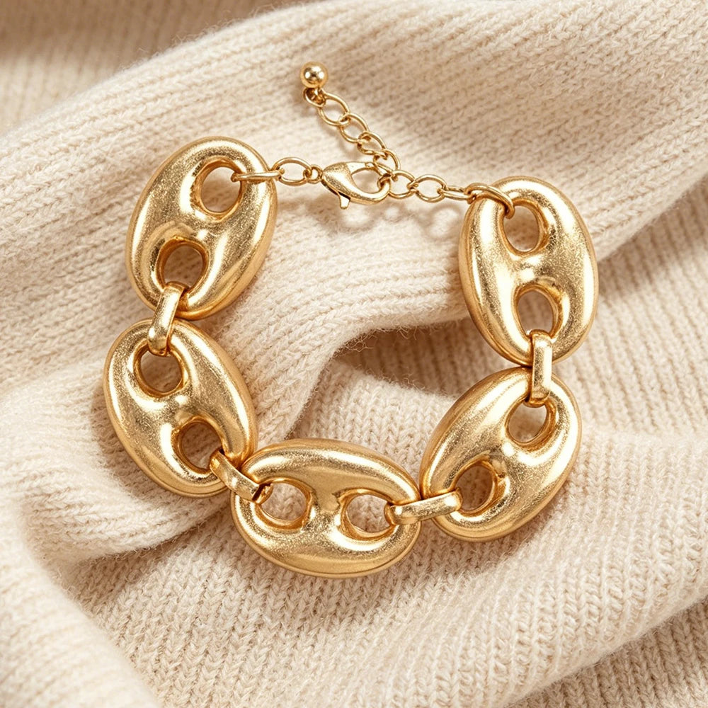 Contemporary Textured Mariner Chain Jewelry Set Polished Gold Tone Necklace And Bracelet Statement Jewelry For Womens Minimalist