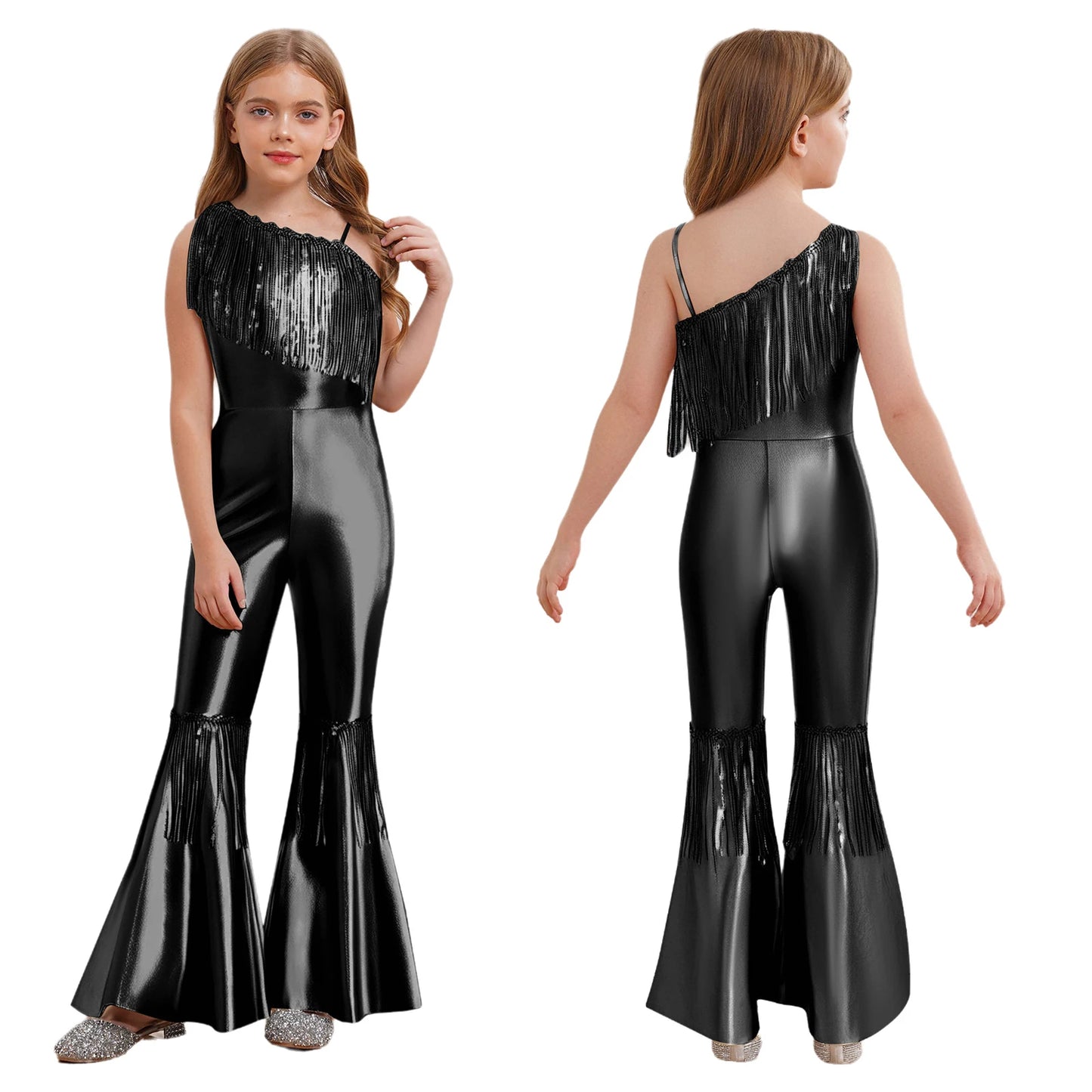 Halloween Kids Girls Hippie Costume Tassels Unitard Bell-bottom Long Pants Bodysuit Jumpsuit for Disco Dance 60s 70s Rave Party