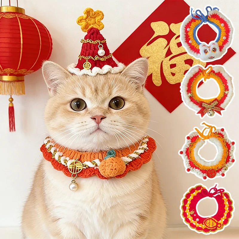 New Year Cat Collar Pet Cat Dog Scarfs Crocheted Kitten Puppy Collar Spring Festival Cat Cosplay Costume Pet Accessiories