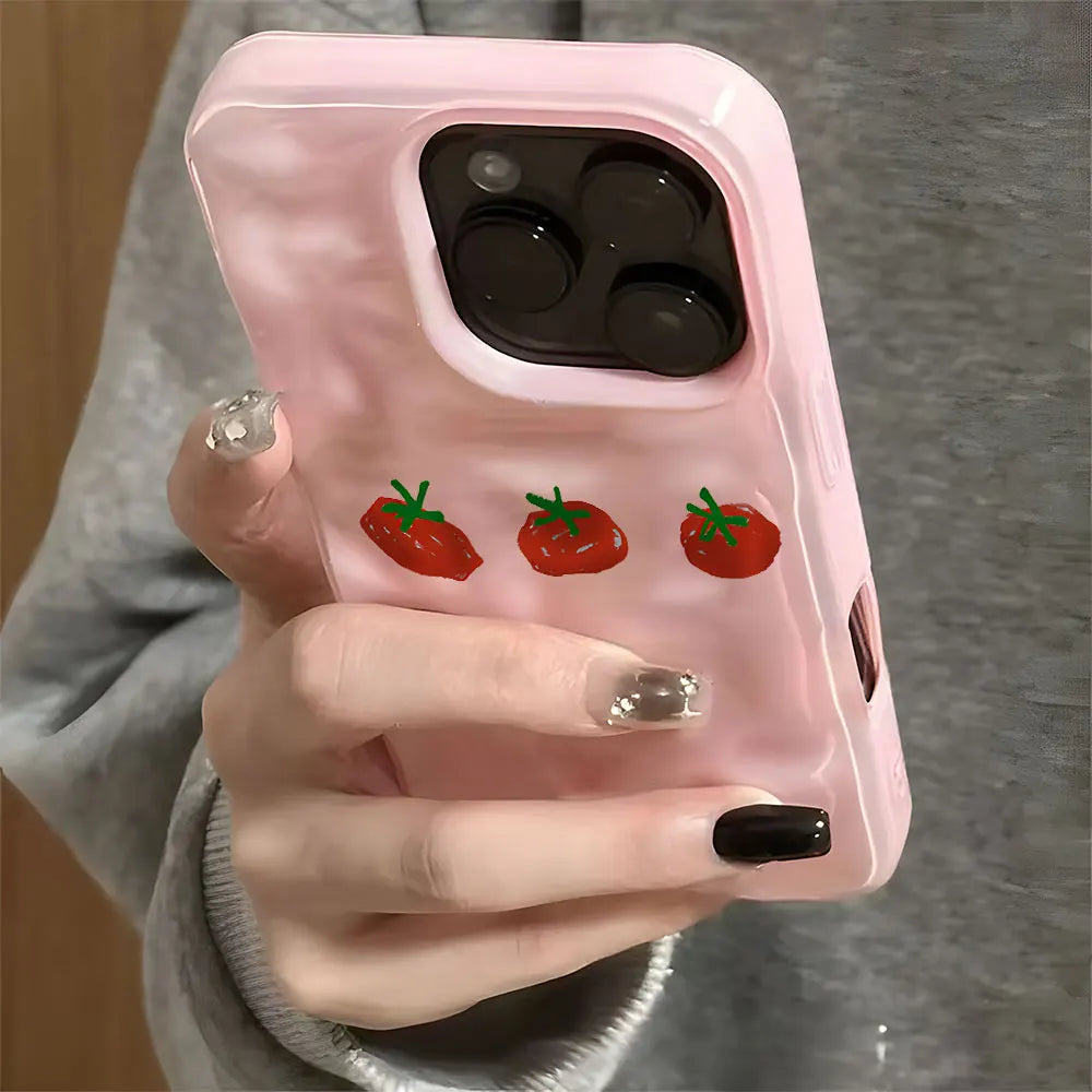 Cute Red Tomato Pattern Wave Texture Phone Case For iPhone 17 Pro Max 16 15 14 13 12 11 Pro 15 Plus Shockproof Soft Back Cover