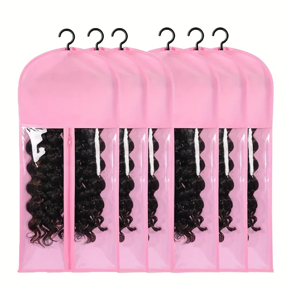 6pcs Long Hair Extensions Storage Bag Non-Woven Dust Proof Wigs Carrier Bags With Plastic Hanger For Home Salon Organizer