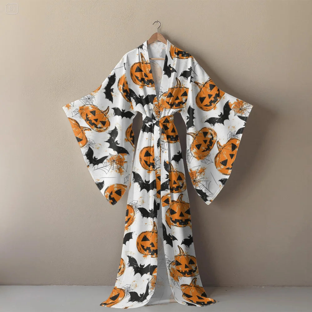 Halloween Sexy V-Neck Robe with Ghost Print High Slit & Bat Sleeves Kimono - Women's Party Costume Funny Cool Cosplay Wear