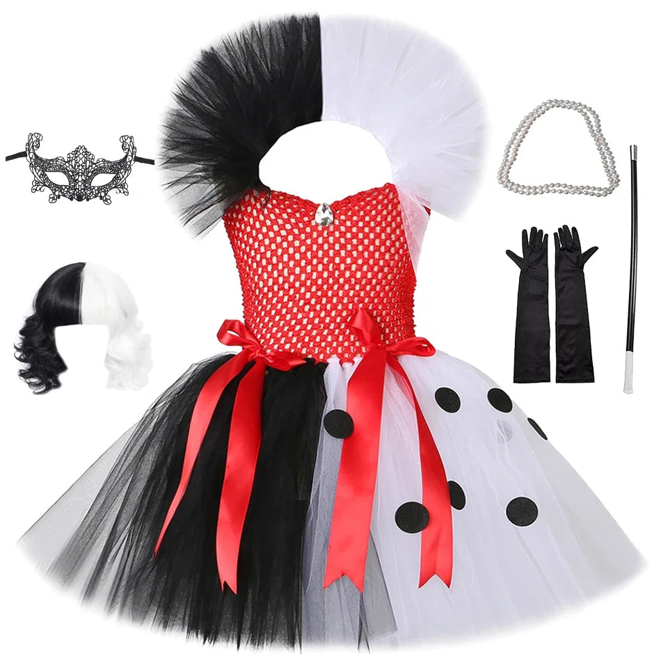 Halloween Crulla Cosplay Costume Cruella Tulle Dress Party Girls Black White Carnival Kids Cruella Wig Lace Mask Suit Clothes