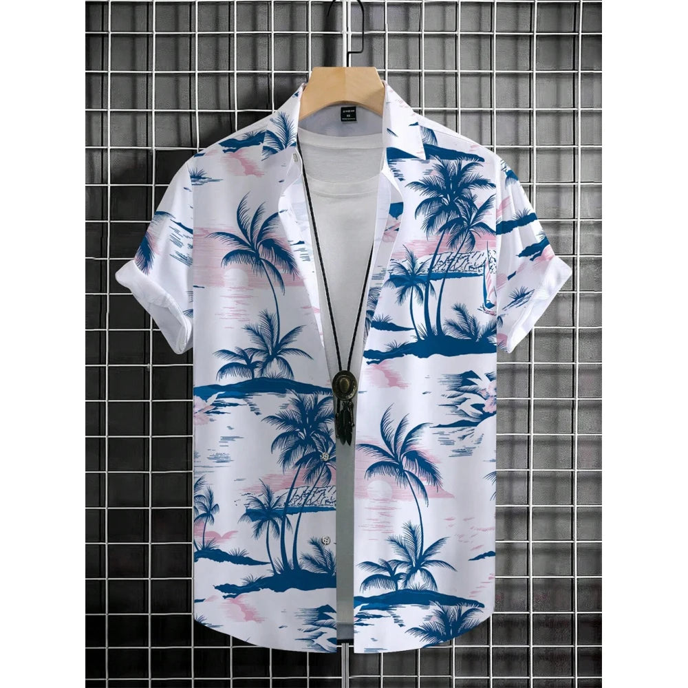 Men's Coconut Tree Graphic Print Short Sleeve Lapel Shirt Tops Men's Casual Button down Shirts Clothing Versatile Shirts