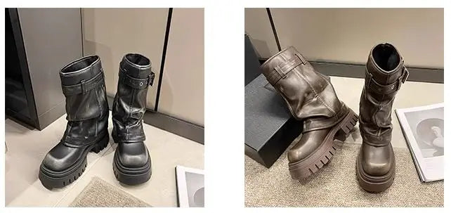 2025 Winter Designer Women Mid-calf Boots Western Short Boots Belt Buckle Soft Leather Boots Fashion Thick Bottom Platform Shoes