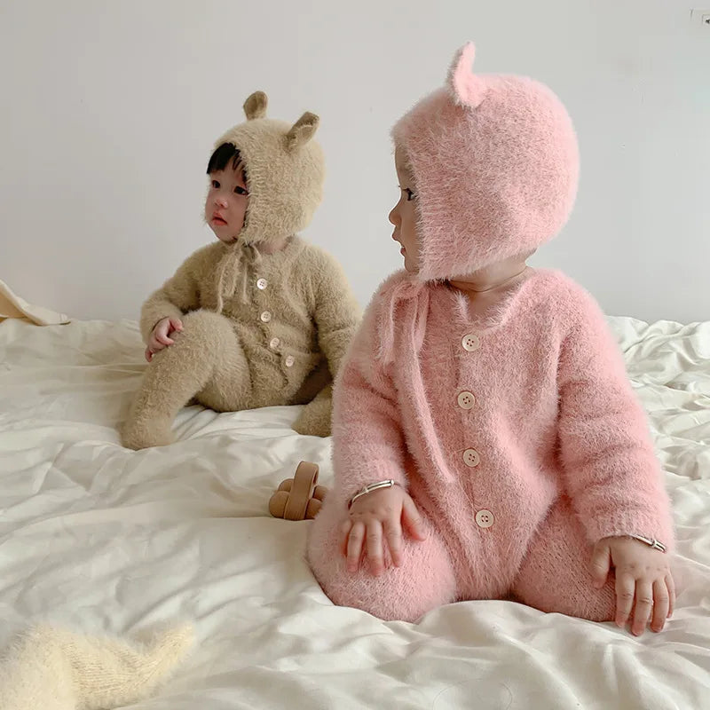Newborn Baby Mink Fur Romper with Hood Cute Bear Animal Ear Footed Onesie Winter Warm Jumpsuit for 0-2 Years