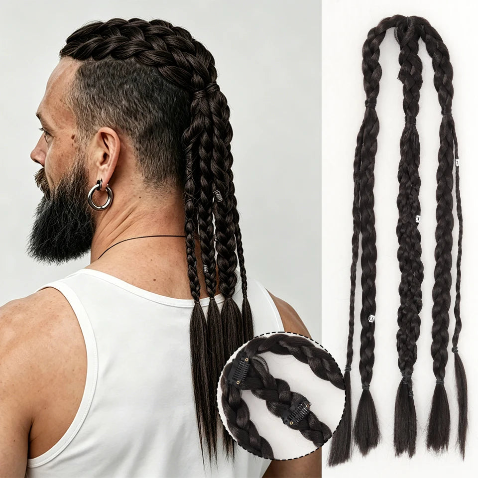 Long Braided Ponytail Extension Synthetic Twist Box Braids Pony Tail Hairpieces with Hair Ring Elastic Tie for Men Daily Party