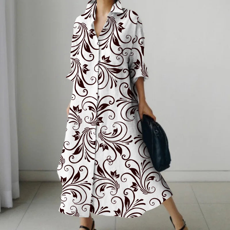 Women's Shirt Dress 2023 Trendy Patchwork Vintage Spot Print Shirt Fall Out Office Dress Loose Casual Lapel Pocket S-5Xl